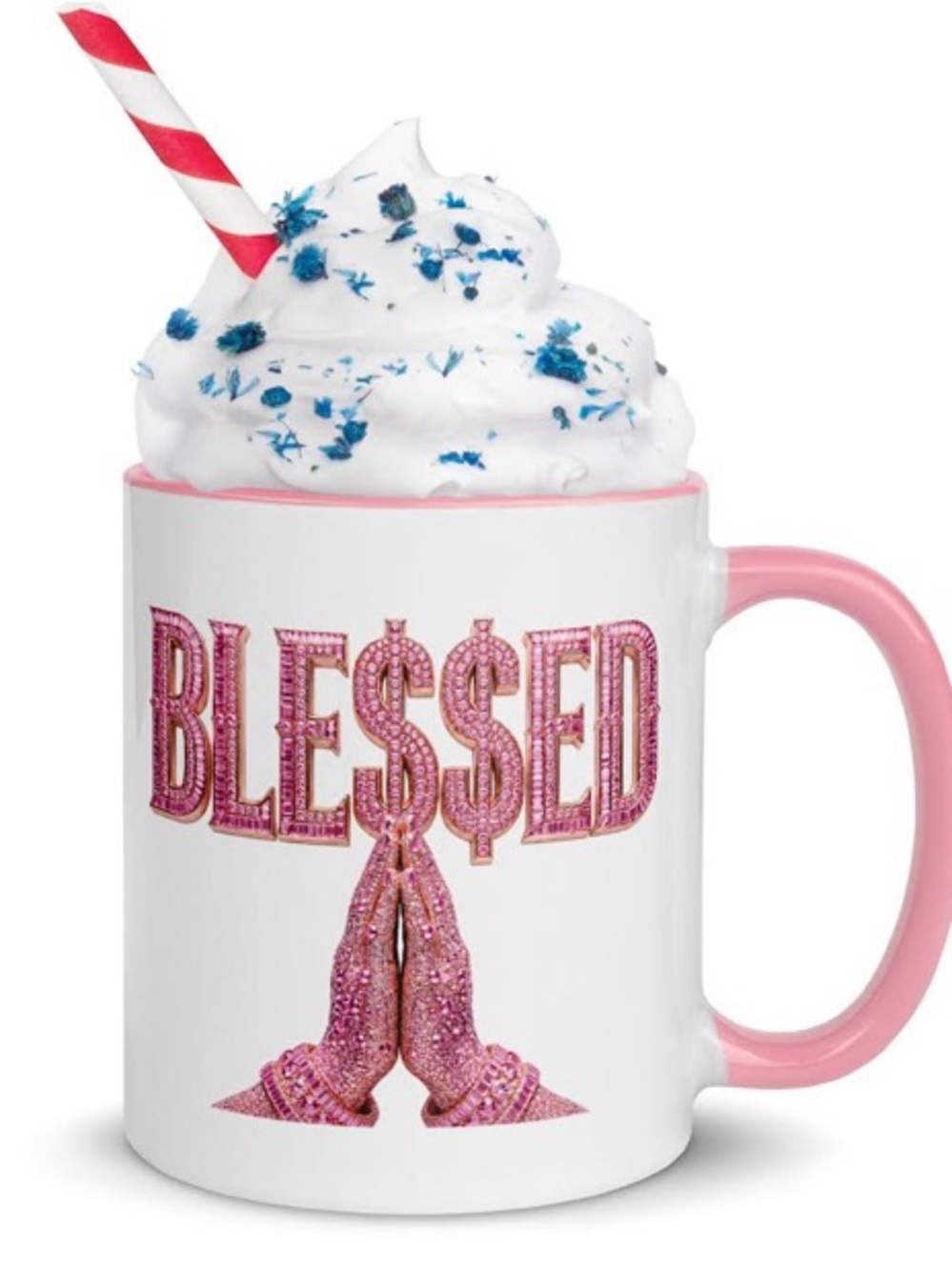 Black Mug with Pink "BLESSED" Design and Praying Hands - Picture 4 of 10